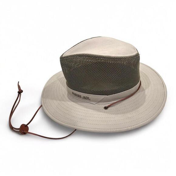 Panama Jack Mesh Khaki Tan Safari Sun Hat 3" Brim Leather Chin Strap SPF Unisex - Picture 2 of 11
